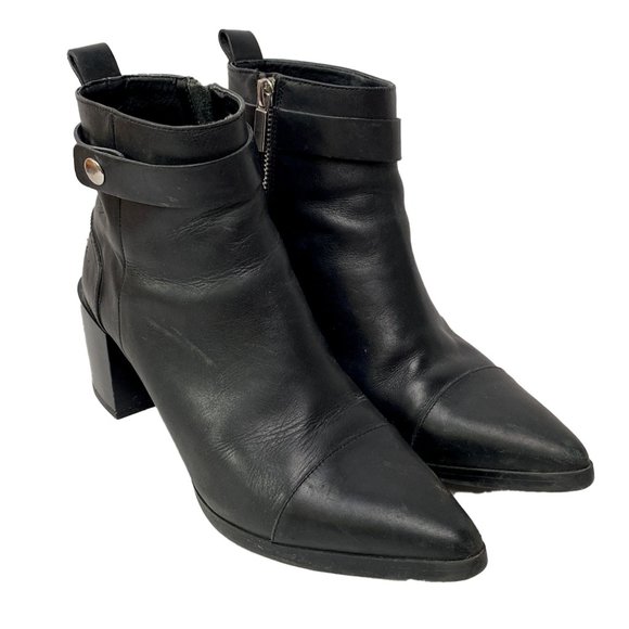 Zara Ankle Boots Women US 7.5 EU 38 Black Pointy Toe Block Heel Strap Moto Biker - Picture 1 of 16